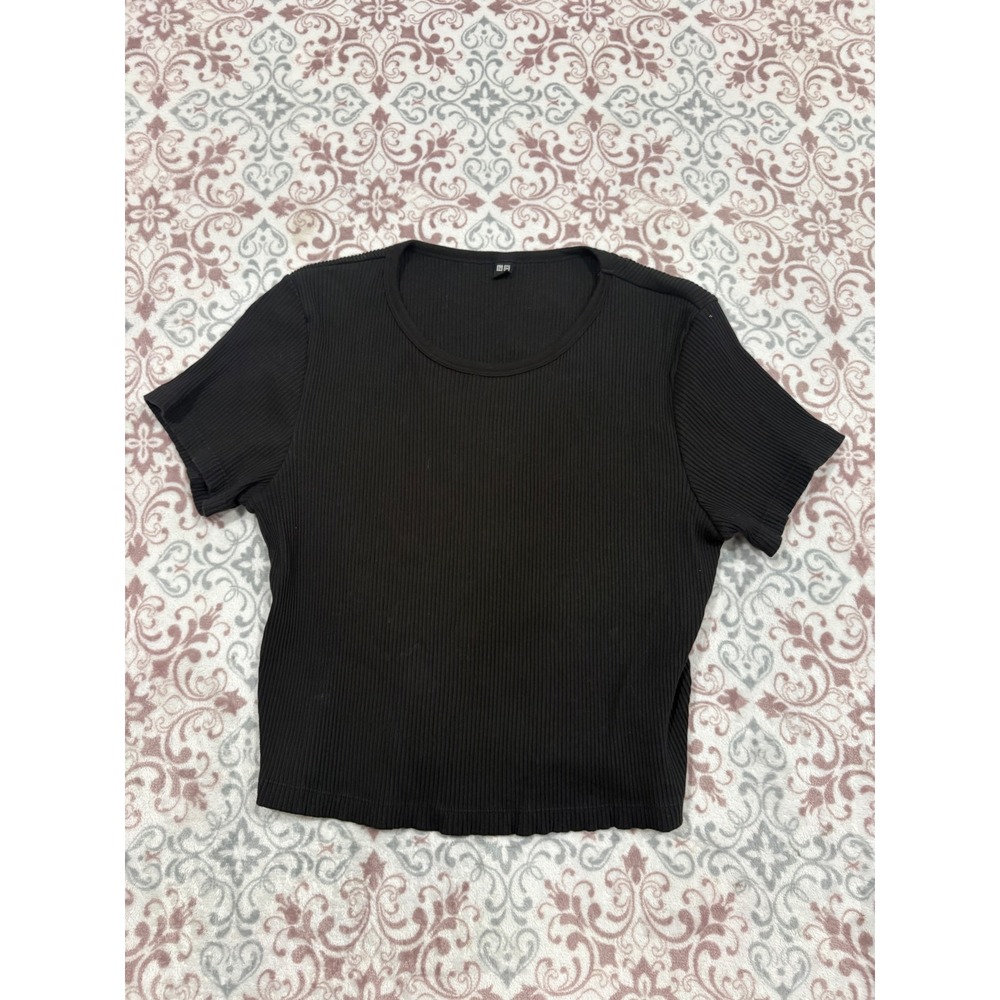 Uniqlo Womens Ribbed Short Sleeve Crew Neck Crop Top Black Size L